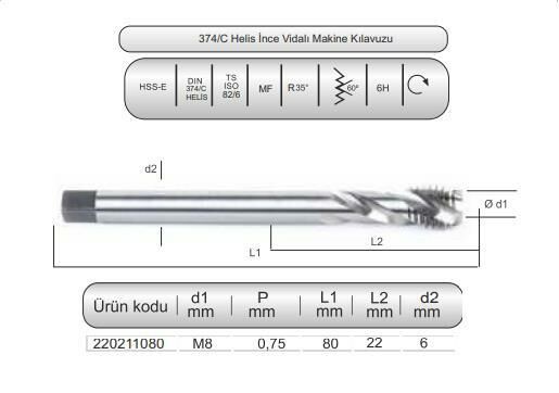 HSSE DIN374/C HELİS MAK.KLVZ. M8x0,75(6H)